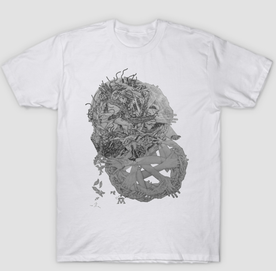 mirena-rhee-pen-and-ink-drawing-humpty-dumpty-II-man-and-the-machine-tshirt