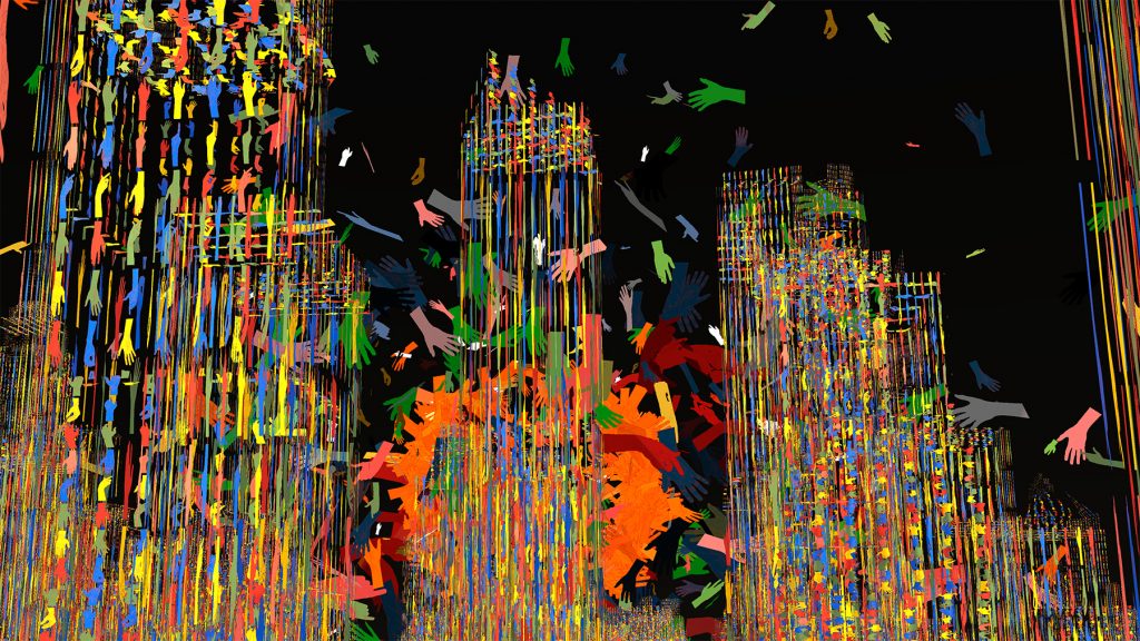 Hands Times Square – Animation and Simulation with hands drawings in a digital Times Square Landscape, created by American Contemporary Artist Mirena Rhee and dedicated to New York City